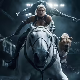 an image of a girl riding on top of a horse with a dog nearby