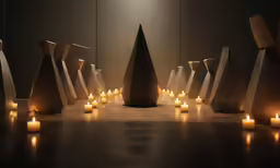 a group of candles are on a dark table