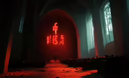 the lights on an empty church with a large neon sign