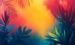 a painting of colorful plants in the middle of sunset