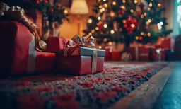 several presents, wrapped with red wrapping and bows sit next to a christmas tree