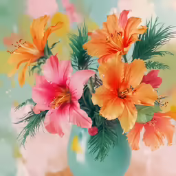 some pink and orange flowers in a blue vase
