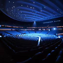 the theatre auditorium has blue curtains and rows of seats