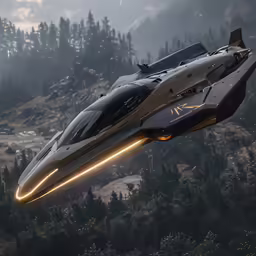 the futuristic air craft has lights on its wings