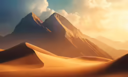 a large mountain range is behind a golden sand dune