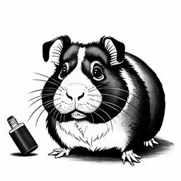 a black and white drawing of a small rodent with a spray bottle