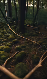 mossy rocks are in the forest between trees