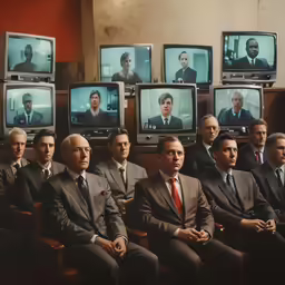 men in suits watch tv with different headshots of politicians