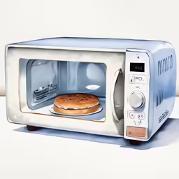 a microwave with a cookie inside and a light reflecting in