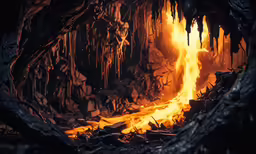 a lava fire blazing inside of a cave