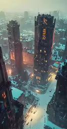 an aerial view of a city at night