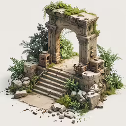 a stone arch with steps leading to a bench