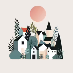 a painting with houses and trees in the background