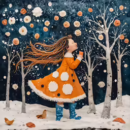 a girl is standing in the snow in an orange dress