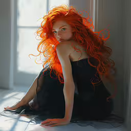 the redhead haired woman sits on a floor with her hair blowing,an orange haired woman sits on the floor