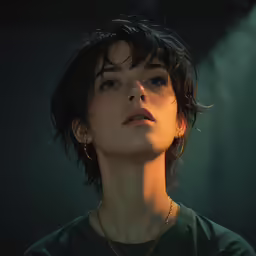 a close - up of a person with a dark green shirt