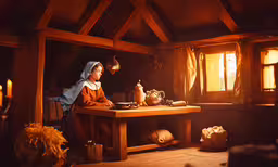 a woman with a child is sitting at a table in a room that has wood flooring,a woman is setting a table in a wooden room