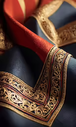 a blue suit with a red tie sitting on top of it
