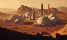rock formations in a barren landscape with mountains in the background