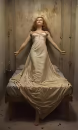 the woman is in a large bed in the room