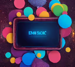 an emulator box sitting on top of some colorful bubbles,a message is displayed next to an emm phone with multi - colored bubbles around it
