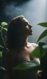 a woman standing in front of green leaves and fog