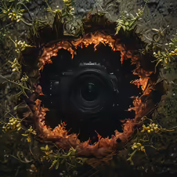 a camera with a red lens sitting in a fire ring