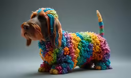 a very cute colorful dog sitting in the studio