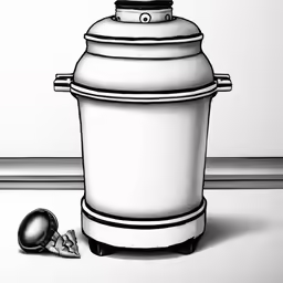 a line drawing of a garbage can next to a ball