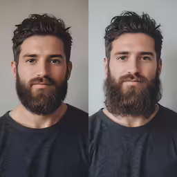 two men in dark shirts with beards and one with a goatee
