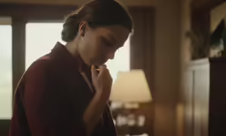 an asian woman in a robe is talking on her cell phone