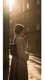 a woman walking down the street with a handbag