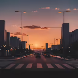 a very long street with the sun rising in the sky