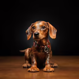 a small puppy sitting on top of a wooden table