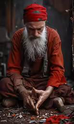 an old man with a long beard sitting down in a meditation position