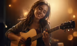 a woman playing an acoustic guitar in front of bright lights