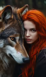 a beautiful young woman with red hair and very long bangs hugging a wolf