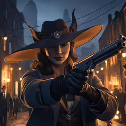 the woman wearing an old western cowboy hat holding a revolver in a city at night