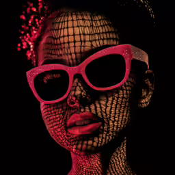 a woman with red glasses on is looking off into the distance