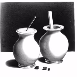the black and white photo features vases with food on it