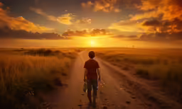 a person stands on a road with the sun setting in the background