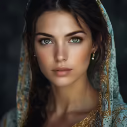 a woman with long brown hair and light blue makeup wearing a gold veil and earrings