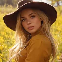 blond woman in brown dress and hat on sunny day