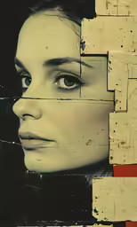 an image of a young woman through a series of pieces of wood