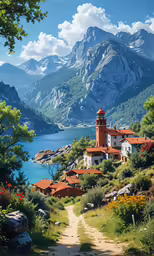 a red house in a hilly mountain area