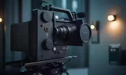 the video camera is on the stand in the room