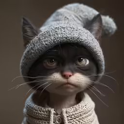 black and white cat wearing a winter coat