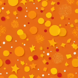 an orange background with gold, red and white circles and stars