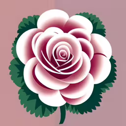 a white rose and green leaves against a pink wall,a pink flower with green leaves on the center,there is a paper rose shaped with leaves,a pink rose is surrounded by green leaves,a paper flower hanging on a wall