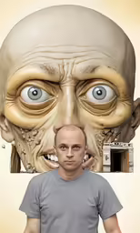 a man in grey shirt standing next to an alien mask
